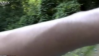Slim kinky blondie undresses in the park and gonna masturbate on cam